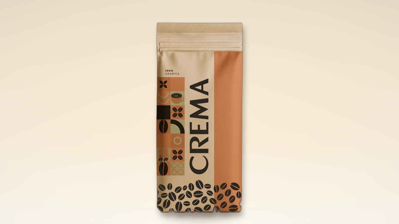 A CREMA coffee bag standing in warm cream studio light