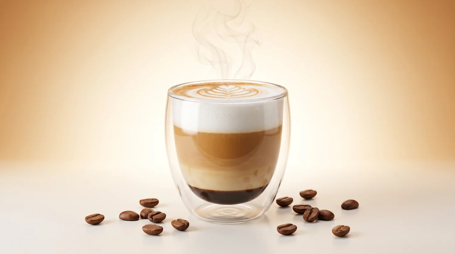 A perfectly composed glass of CREMA coffee on a warm studio surface