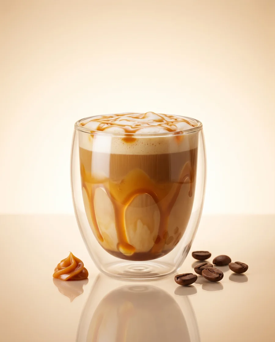 A Caramel Roast coffee with golden caramel swirl in a glass