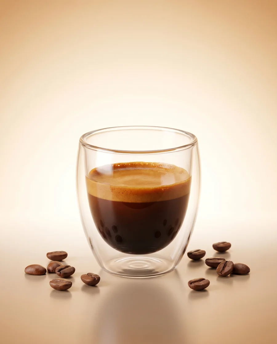 A shot of Signature Espresso with rich crema in a small double-wall glass