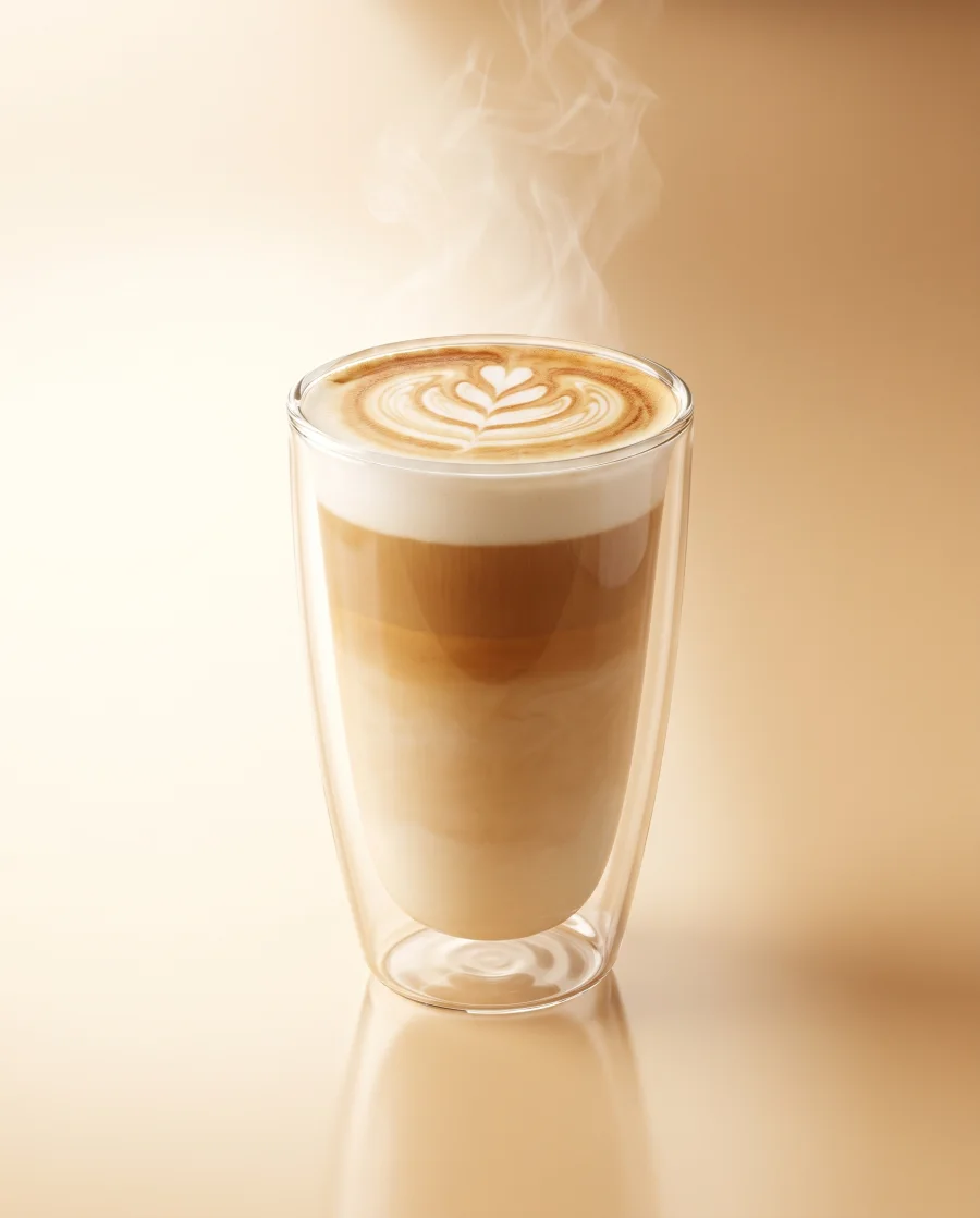 A tall Velvet Latte with rosetta latte art in a double-wall glass